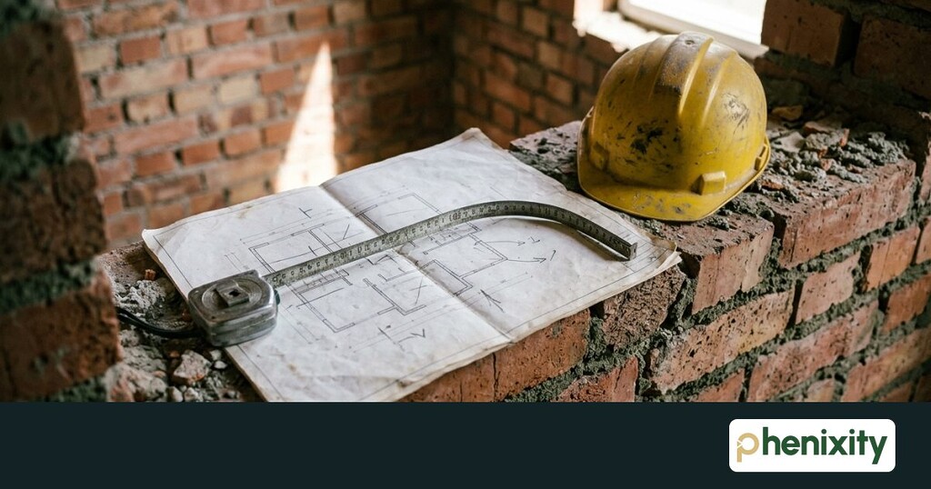 Plan d'architecte et mètre ruban posés contre un mur en briques lors d'une rénovation immobilière.